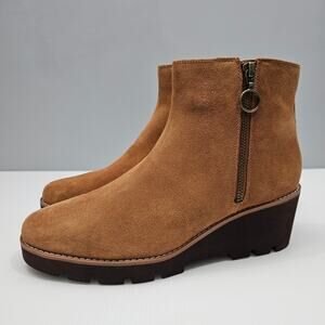 Vionic Hazal Ankle Bootie 9.5 Cognac Brown Suede Orthotic Fall Wedge Lug Sole